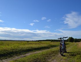 Ein Fahrrad steht auf einem Feldweg. Es ist blauer Himmel mit Wolken in der Ferne zu sehen und Grüne Wiese säumt den unbefiestigten Weg.
