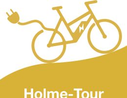 Das Logo der E-Bike-Tour zeigt ein Fahrrad beim Befahren des landschaftstypischen Holmes