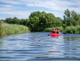 Zwei Menschen sitzen in einem roten Kanu und paddeln auf einem Fluss durch die Schlei. 